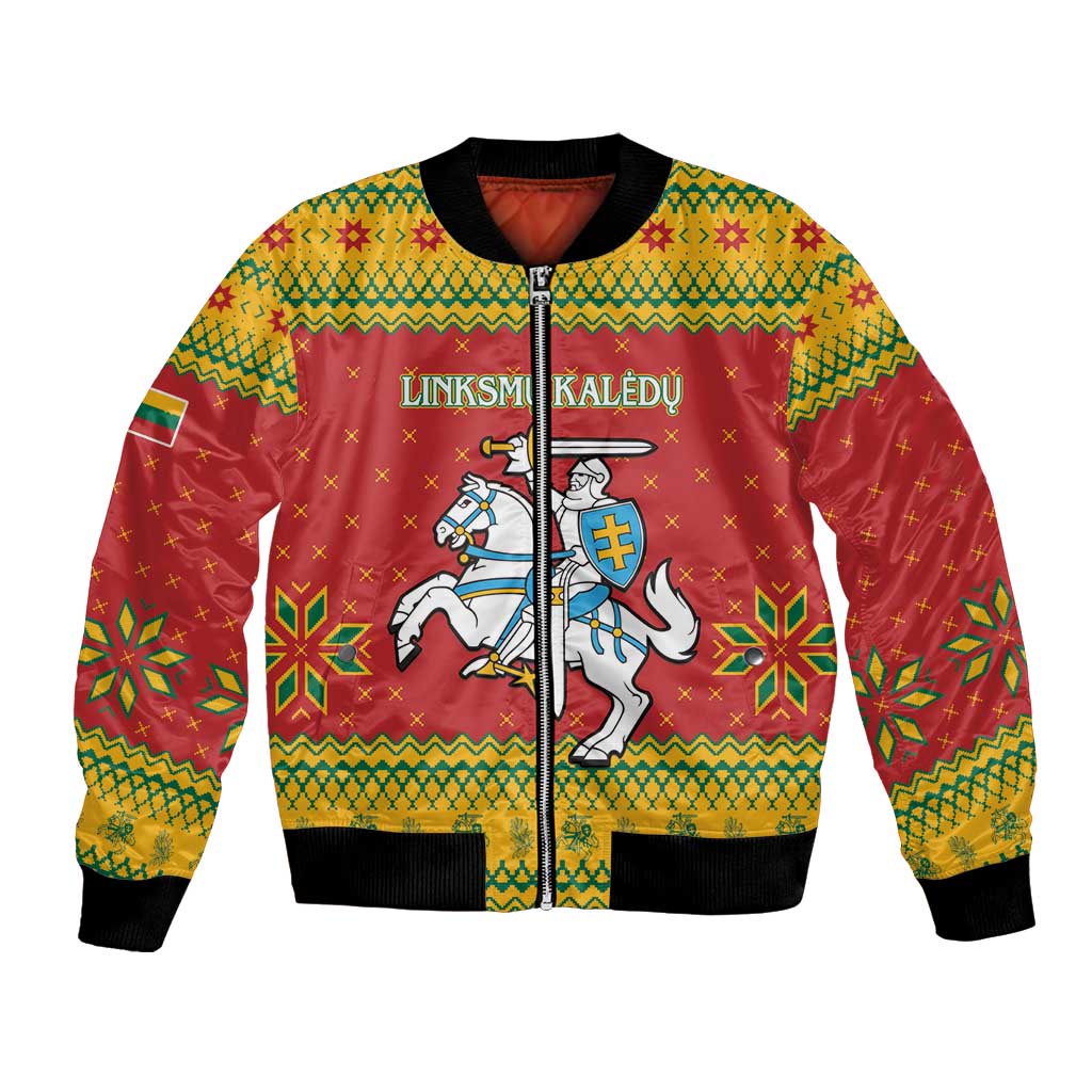 Unisex Christmas bomber jacket, zip-front, yellow red coat-of-arms rider graphic