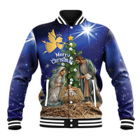 Blue baseball jacket with ribbed collar, button front, nativity scene graphic