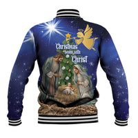 Blue baseball jacket with striped ribbed collar and nativity graphic on back