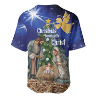 Blue Christmas baseball jersey with nativity scene and 'Christmas begin with Christ' text