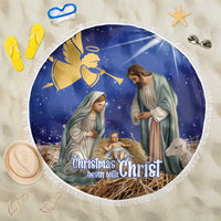 150 cm round blue Christmas nativity beach blanket with white fringe edge