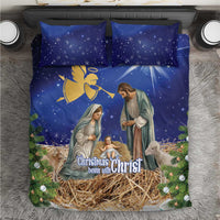 Blue Christmas bedding set with angel and nativity scene, includes duvet and two pillows