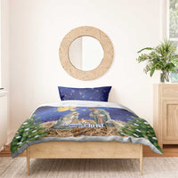Blue Christmas bedding set with nativity and angels on duvet, matching pillowcase