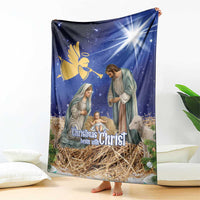 Blue nativity Christmas throw blanket, “Christmas begin with Christ” centered
