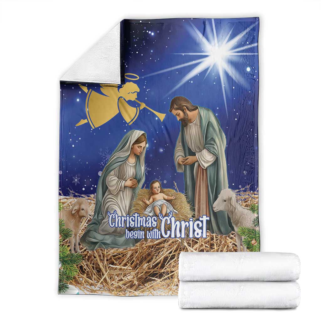 Blue nativity Christmas blanket with angel and “Christmas begin with Christ”