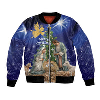 Unisex blue Christmas bomber jacket with front zipper and nativity scene graphic