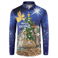 Blue long-sleeve Christmas button sweatshirt with nativity scene graphic