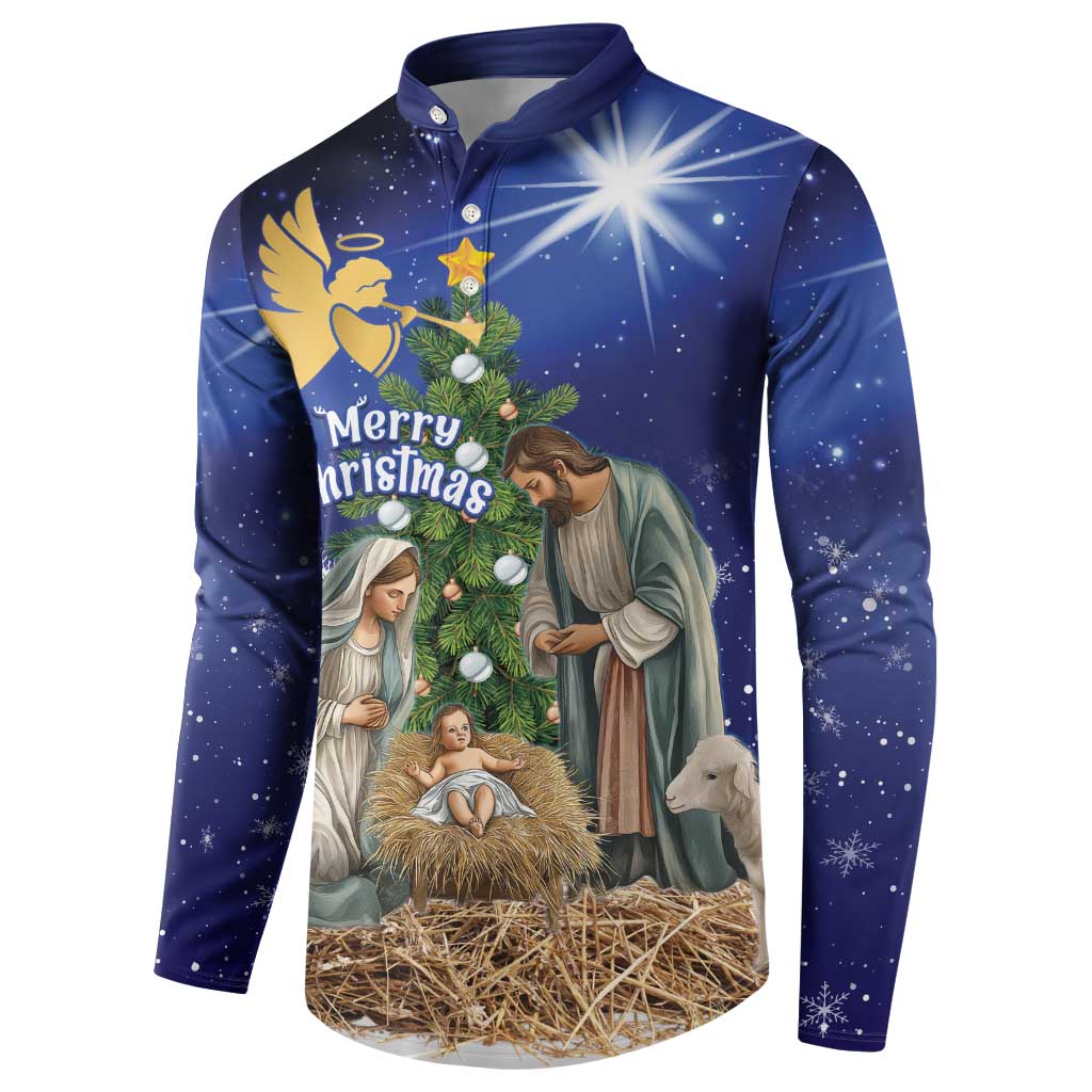 Blue long-sleeve Christmas button sweatshirt with nativity and starburst graphic