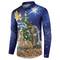 Blue long-sleeve Christmas button sweatshirt with nativity and starburst graphic