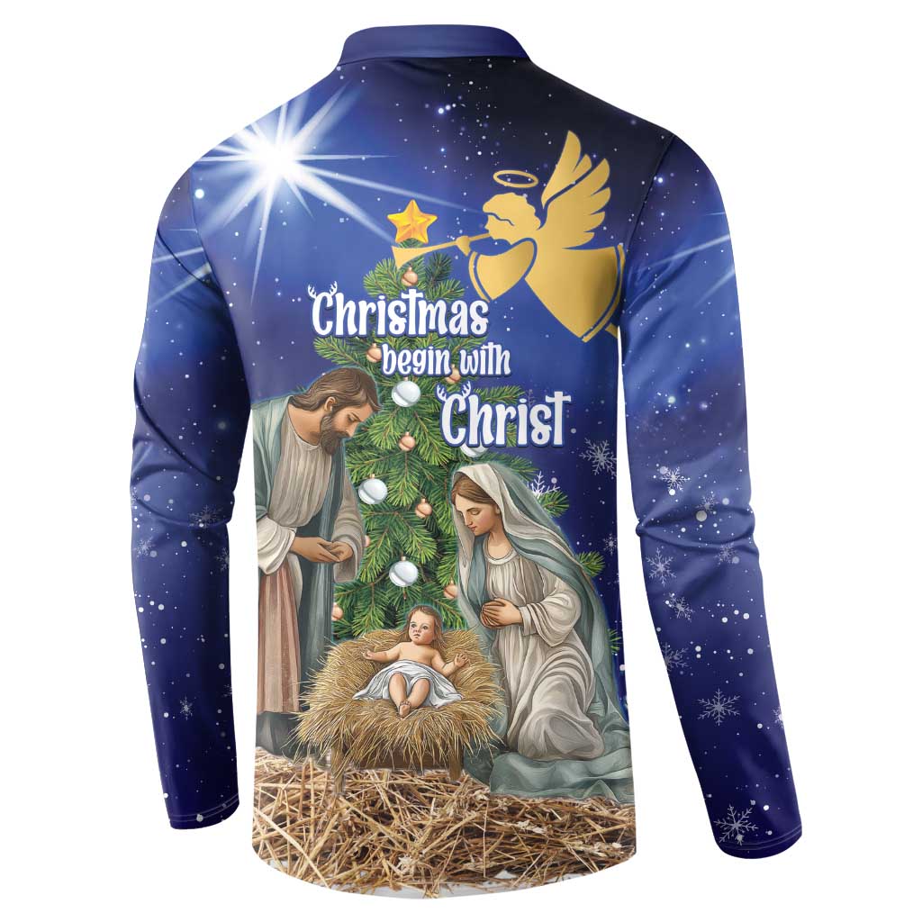 Blue Christmas button sweatshirt, back print with nativity scene and text