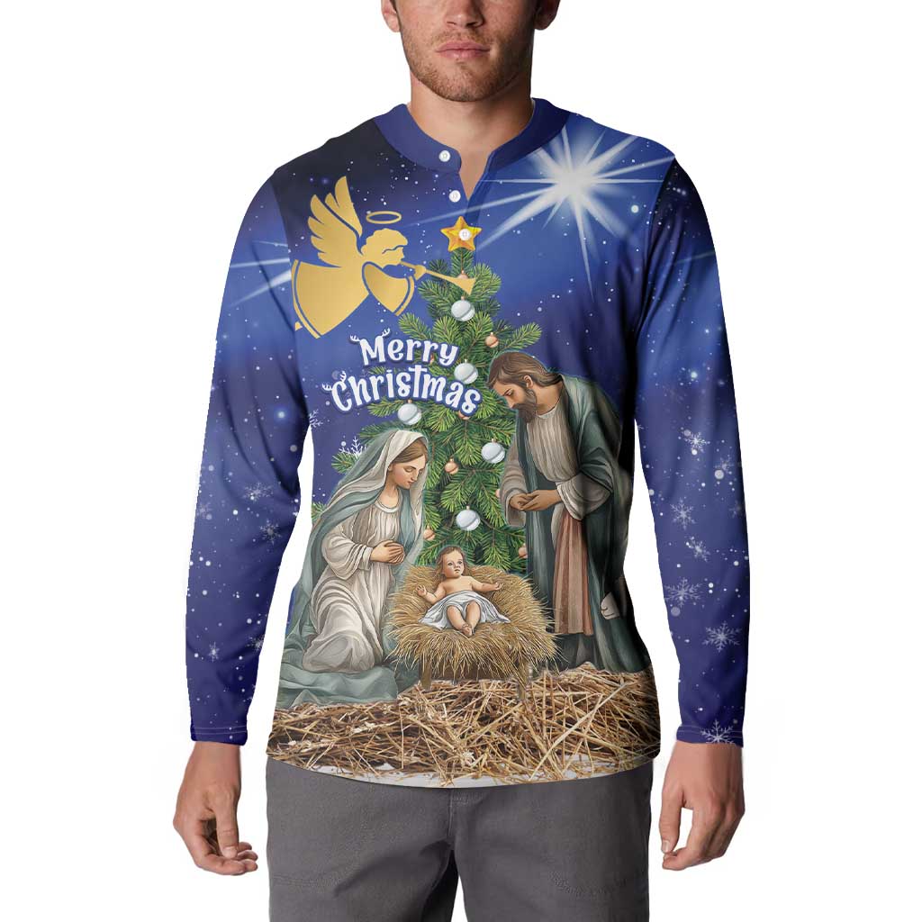 Blue long-sleeve Christmas button sweatshirt on model, nativity scene front graphic