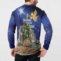 Blue Christmas button sweatshirt on model, back print with nativity and star