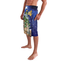 Blue Christmas lavalava skirt with nativity panel and bird illustration