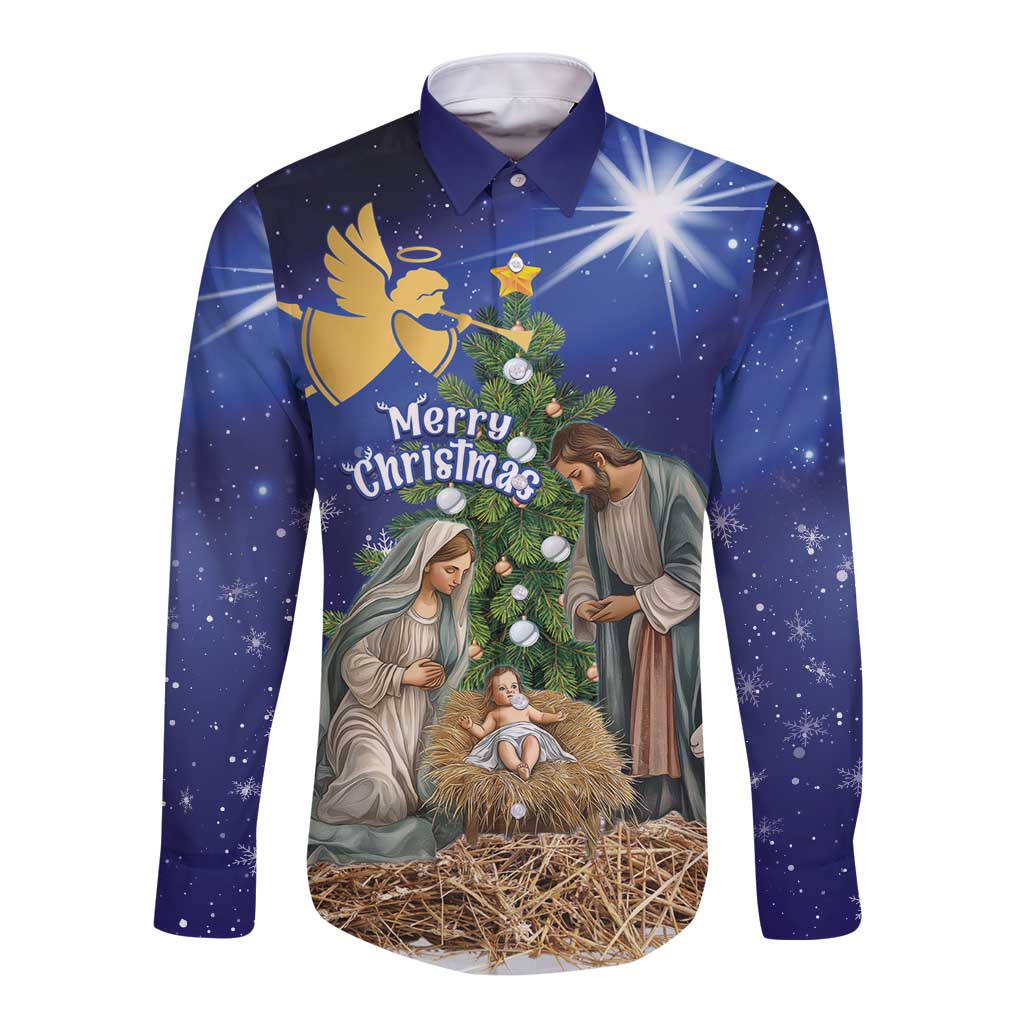 Blue long-sleeve button-up shirt with nativity front graphic and Merry Christmas text