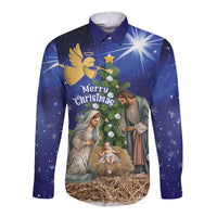 Blue long-sleeve button-up shirt with nativity front graphic and Merry Christmas text