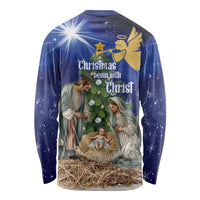 Blue long-sleeve Christmas shirt with back nativity scene and 'Christmas begin with Christ'
