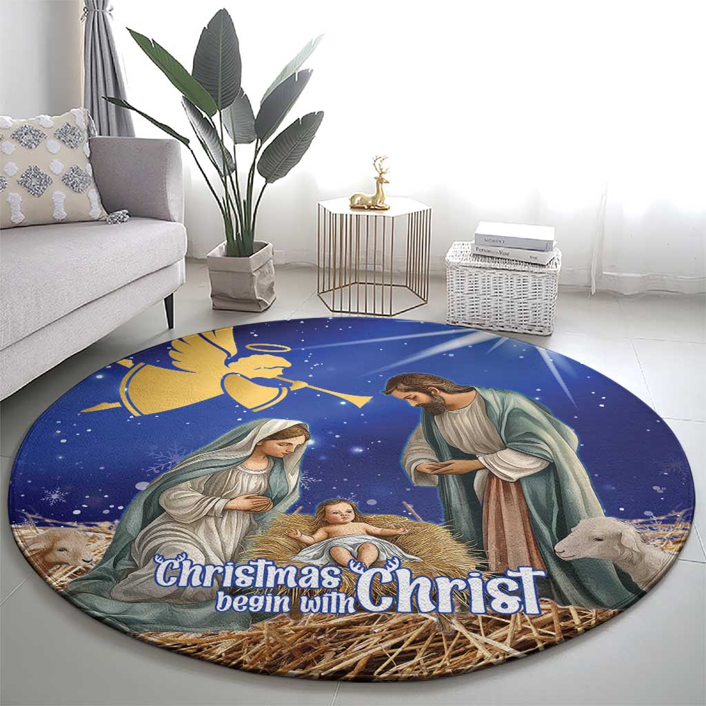 Blue round Christmas nativity rug with manger scene and “Christmas begin with Christ”
