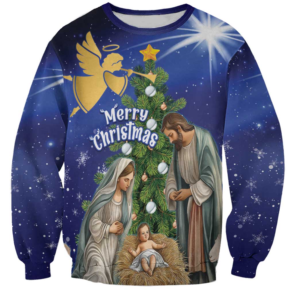 Unisex blue Christmas sweatshirt with angel nativity and 'Merry Christmas' graphic