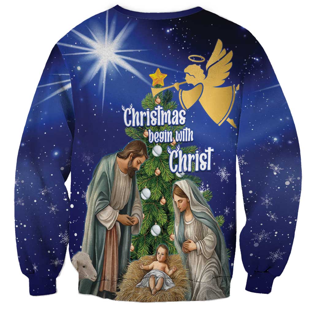 Unisex blue Christmas sweatshirt with angel nativity and 'Christmas begin with Christ' text