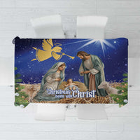 Blue Christmas tablecloth with nativity print and 'Christ begin with Christ' text