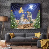 Blue Christmas tapestry with nativity figures, angel, bright star, and pine garlands