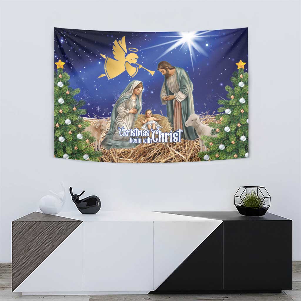 Blue nativity Christmas tapestry with Mary, Joseph, baby, angel, and star over manger
