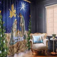 Blue Christmas window curtain with nativity figures, straw manger, sheep, and pine accents