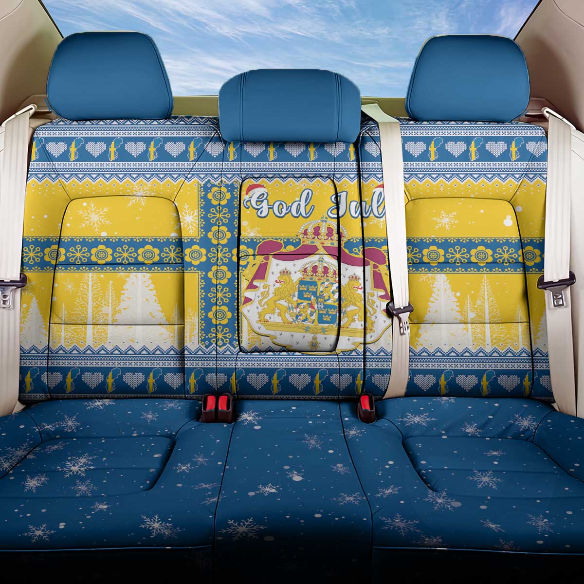 Sweden Christmas Back Car Seat Cover Coat Of Arms - Scandinavian Pattern - Wonder Print Shop