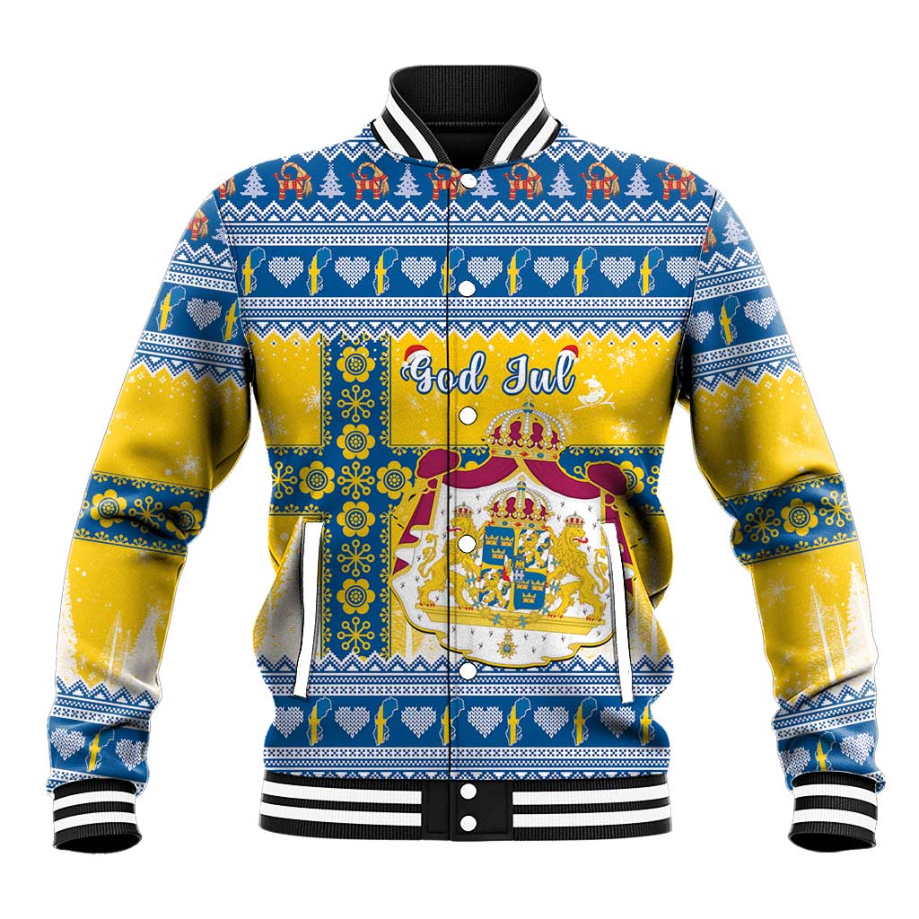 Unisex baseball jacket with blue-yellow Nordic Christmas pattern, ribbed cuffs and collar
