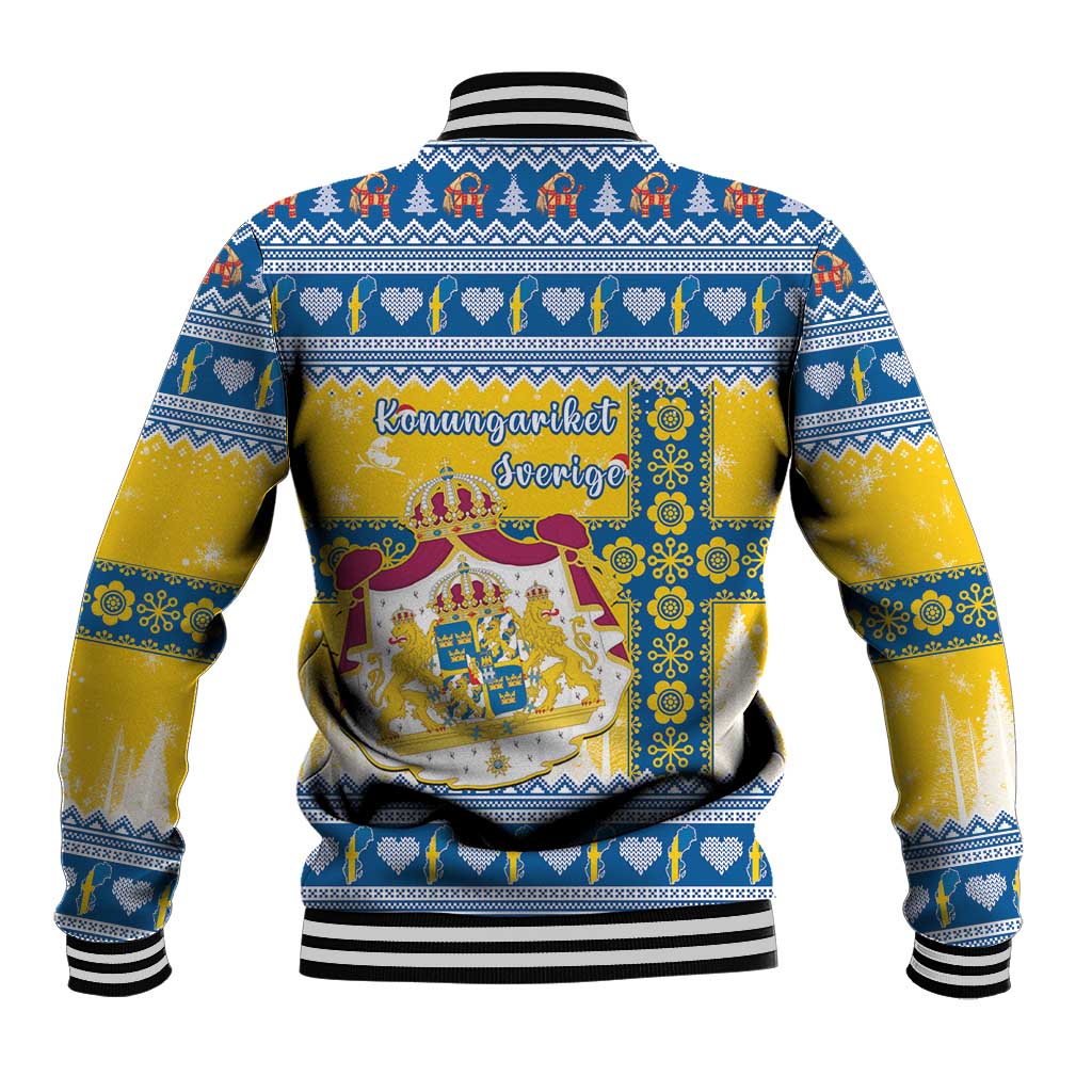 Back view of unisex baseball jacket in blue and gold Nordic Christmas pattern