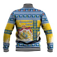 Back view of unisex baseball jacket in blue and gold Nordic Christmas pattern