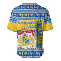 Blue and yellow Scandinavian Christmas baseball jersey with 'Konungariket Sverige' center print