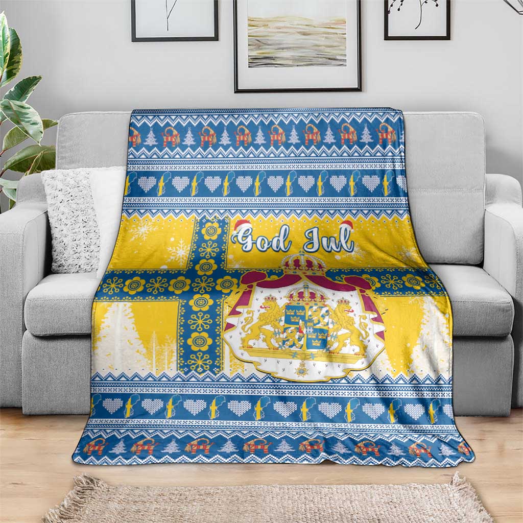 Scandinavian Christmas throw blanket with coat-of-arms emblem and “God Jul” in center