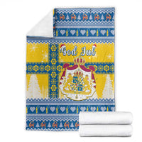 Scandinavian Christmas blanket set: blue, yellow, and white coat-of-arms design with “God Jul”