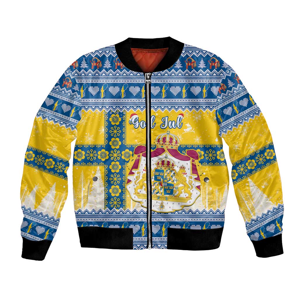 Unisex blue bomber jacket with yellow Scandinavian pattern and central coat-of-arms graphic