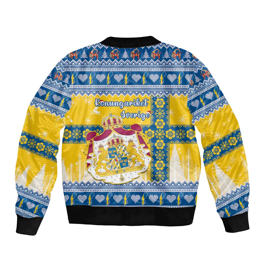 Unisex blue bomber jacket with yellow back graphic featuring coat-of-arms and festive motifs