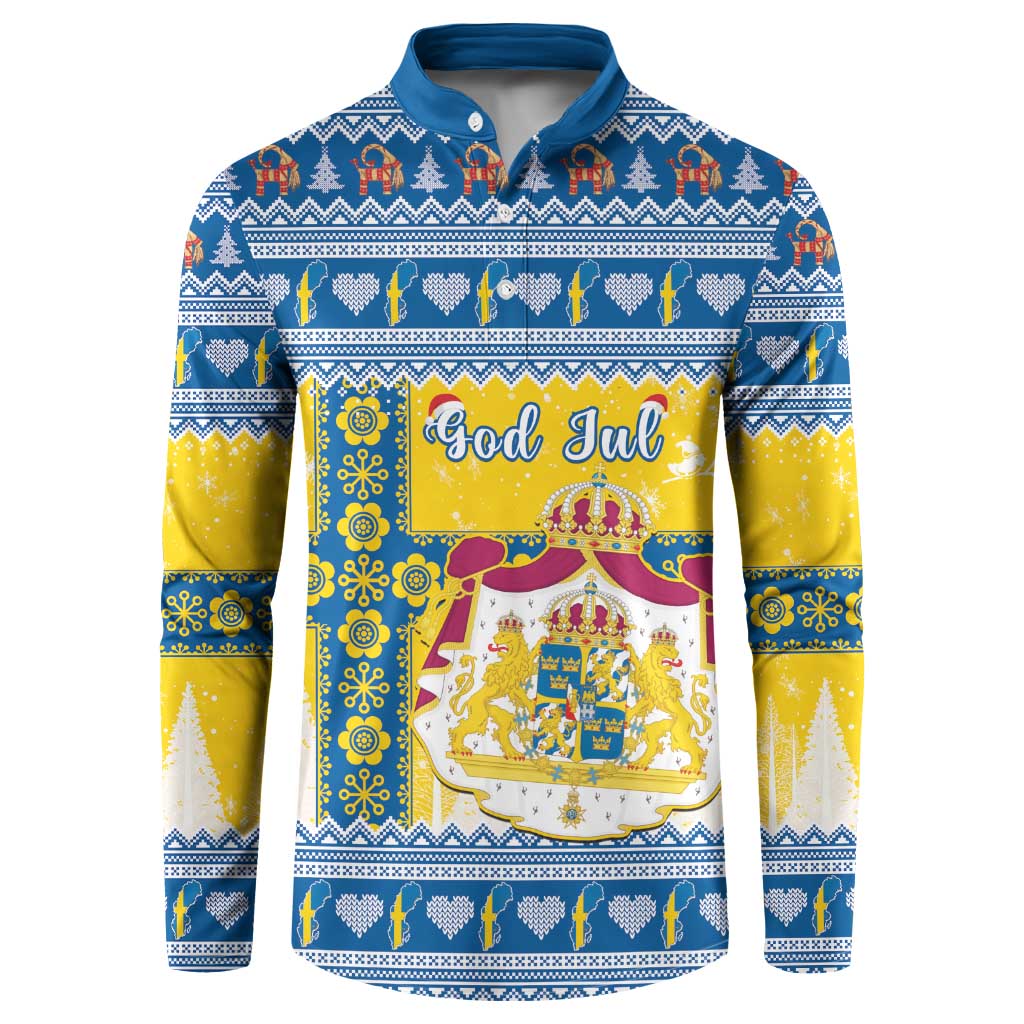 Blue button-front sweatshirt coat with Scandinavian holiday print and high collar