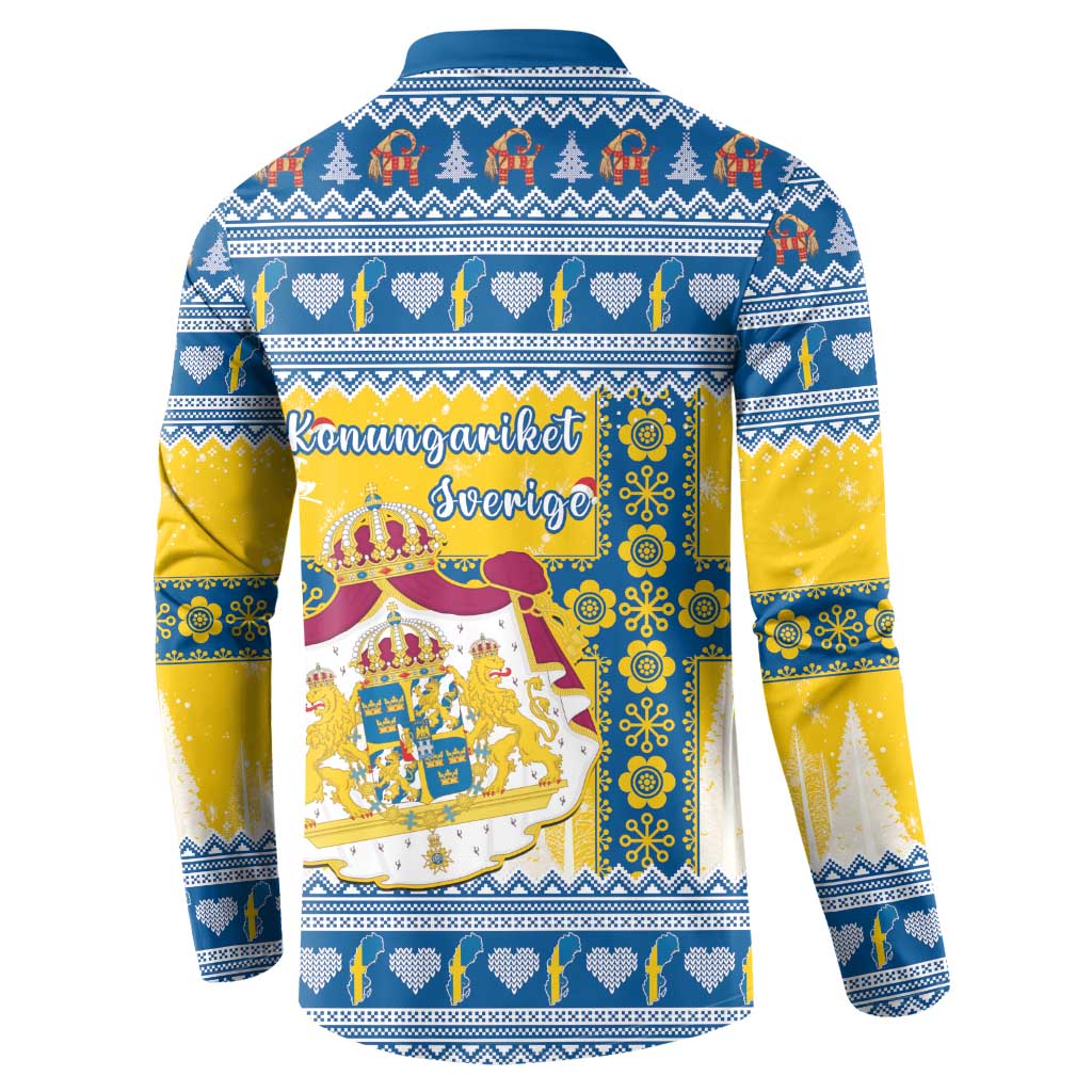 Blue button-front sweatshirt coat with rear holiday print and geometric Nordic stripes