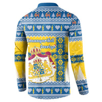 Blue button-front sweatshirt coat with rear holiday print and geometric Nordic stripes