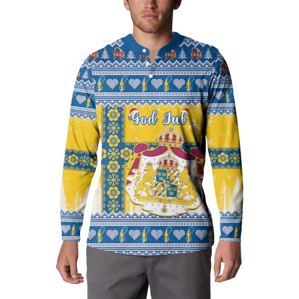 Men's blue button-front sweatshirt coat with yellow-and-white Nordic Christmas graphic