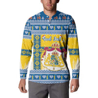 Men's blue button-front sweatshirt coat with yellow-and-white Nordic Christmas graphic