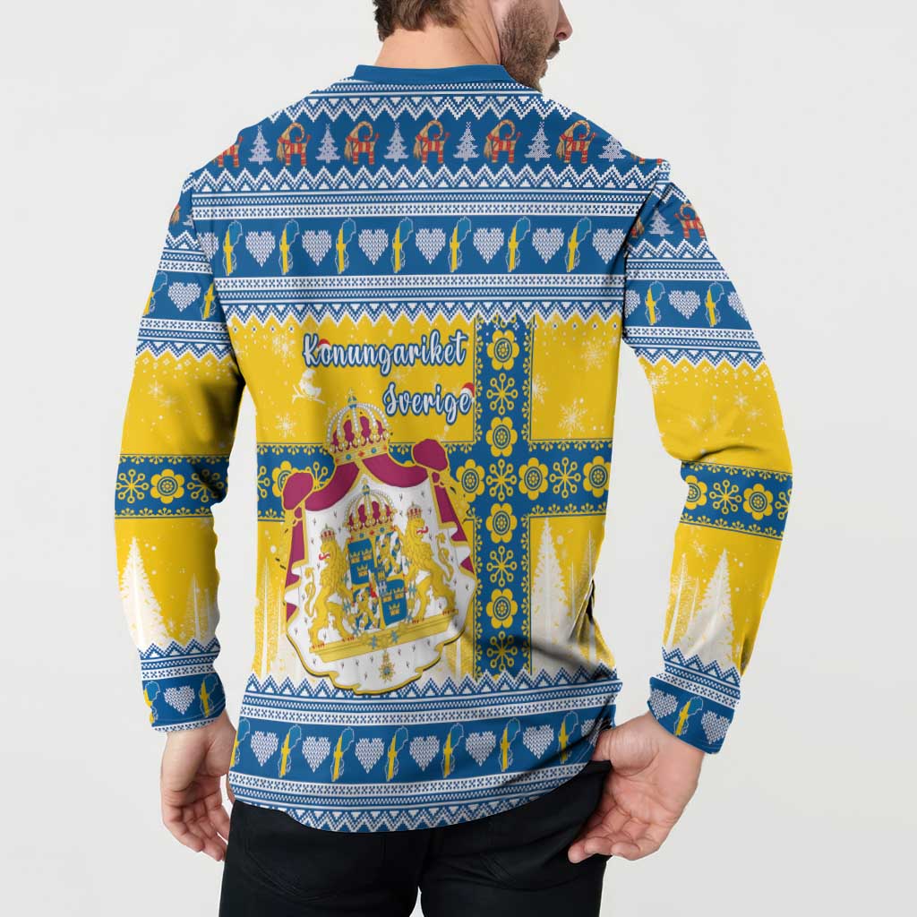 Men's blue button-front sweatshirt coat with rear yellow Nordic Christmas print