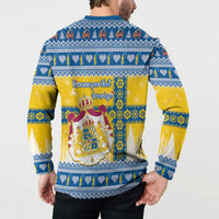 Men's blue button-front sweatshirt coat with rear yellow Nordic Christmas print