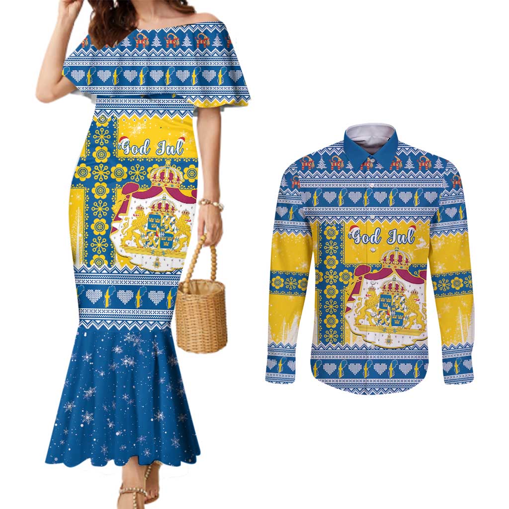 Sweden Christmas Couples Matching Mermaid Dress and Long Sleeve Button Shirt Coat Of Arms - Scandinavian Pattern