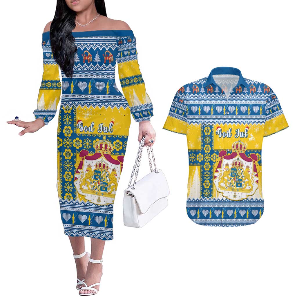 Sweden Christmas Couples Matching Off The Shoulder Long Sleeve Dress and Hawaiian Shirt Coat Of Arms - Scandinavian Pattern - Wonder Print Shop