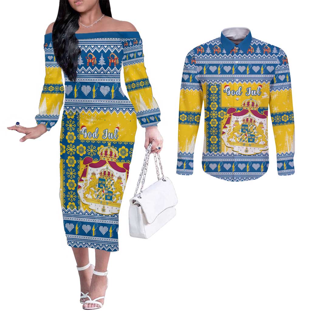 Sweden Christmas Couples Matching Off The Shoulder Long Sleeve Dress and Long Sleeve Button Shirt Coat Of Arms - Scandinavian Pattern