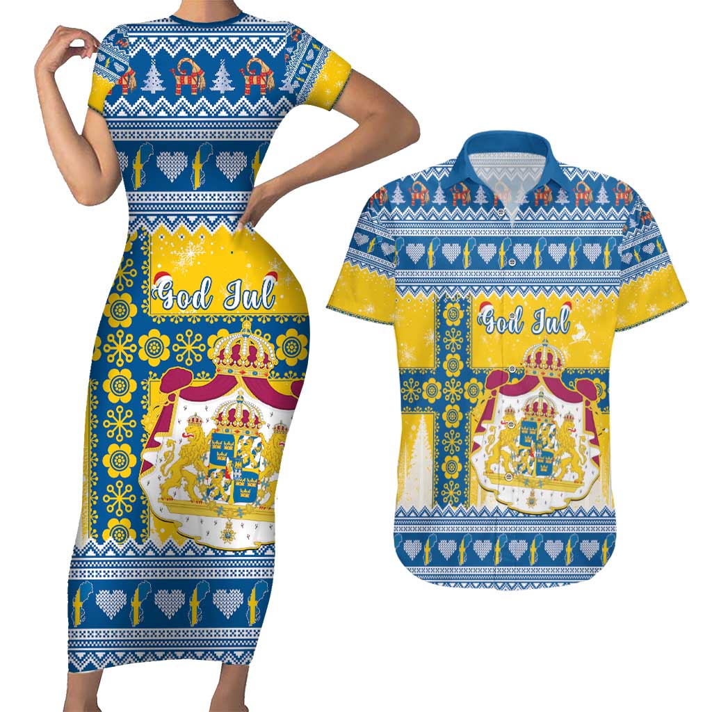 Sweden Christmas Couples Matching Short Sleeve Bodycon Dress and Hawaiian Shirt Coat Of Arms - Scandinavian Pattern - Wonder Print Shop