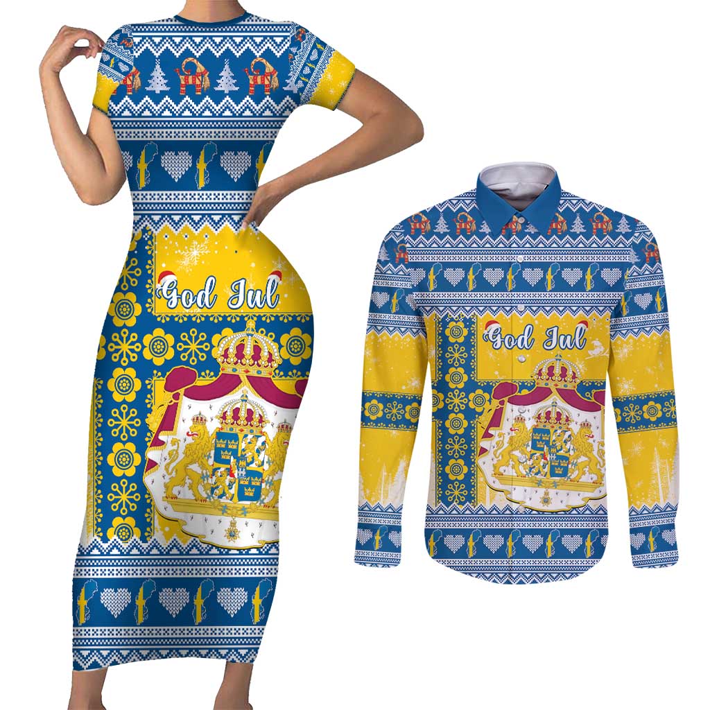 Sweden Christmas Couples Matching Short Sleeve Bodycon Dress and Long Sleeve Button Shirt Coat Of Arms - Scandinavian Pattern - Wonder Print Shop