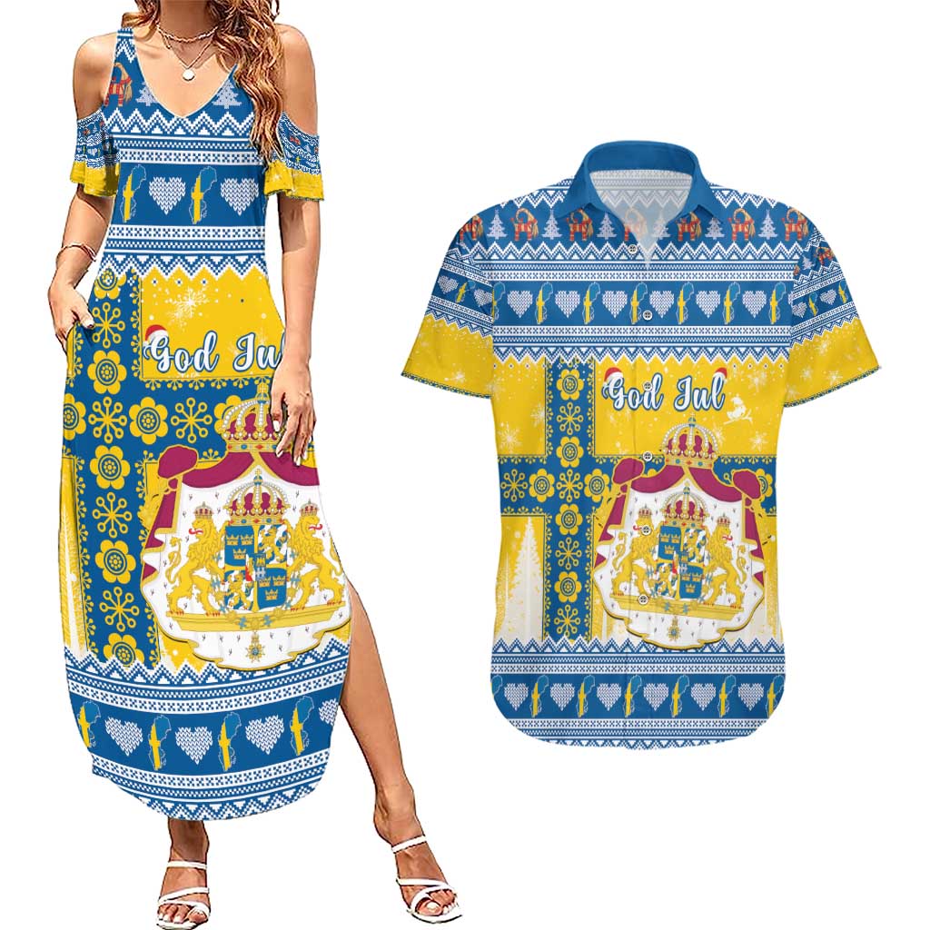 Sweden Christmas Couples Matching Summer Maxi Dress and Hawaiian Shirt Coat Of Arms - Scandinavian Pattern - Wonder Print Shop