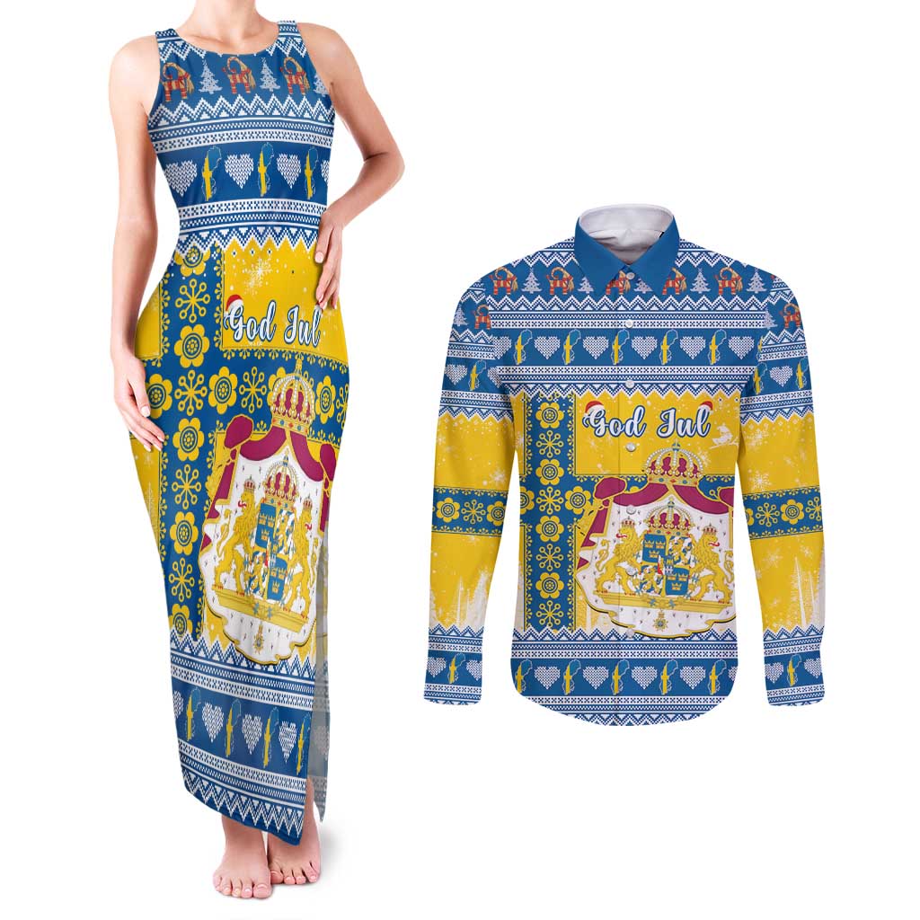 Sweden Christmas Couples Matching Tank Maxi Dress and Long Sleeve Button Shirt Coat Of Arms - Scandinavian Pattern - Wonder Print Shop